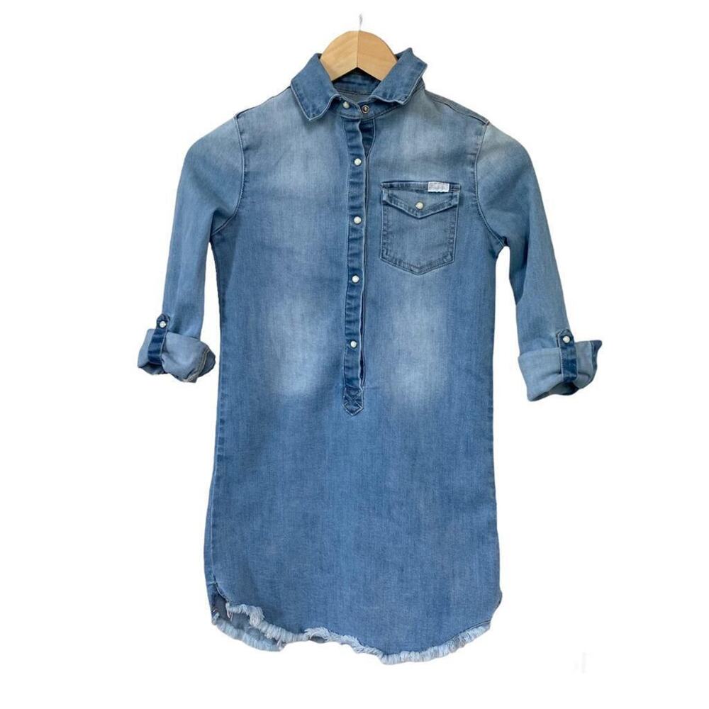 7 For All Mankind Long Sleeve Snap Front Blue Jean Denim Dress Raw Hem Girls M 8